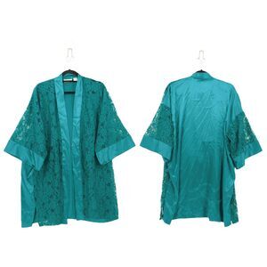 VTG Victorias Secret Gold Label Women OS Robe Green Lace Satin Kimono Vintage